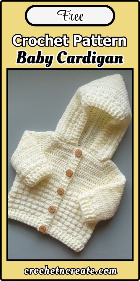 Free crochet pattern - Baby Hooded Cardigan from crochet 'n' create. Free fast, quick-easy-beginner-friendly! 'Don't forget to save' Baby Sweater Patterns Free, Hooded Coat Pattern, Sweater Patterns Free, Hooded Cardigan Pattern, Hoodie Crochet Pattern, Crochet Baby Cardigan Free Pattern, Hoodie Crochet, Cardigan Free Pattern, Baby Sweater Pattern