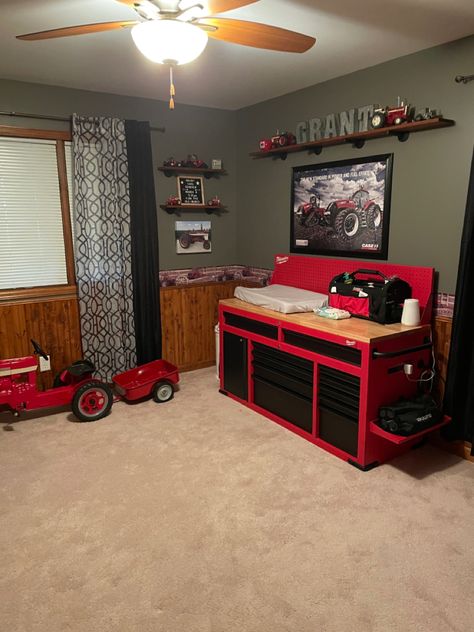 Boys tractor room, case ih, red tractors, toolbox for dresser Grandson Room Ideas, Tractor Bedroom Decor, Toolbox As Dresser, Boys Tractor Room, Boy Tractor Room, Ford Bedroom Ideas, Red Tractor Nursery, Tool Box Dresser Boy Rooms, Tractor Kids Room