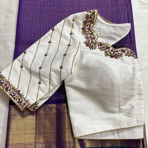 Dm@9640490158 Designer maggam work blouse Fabric: Rawsilk Dispatch: 3days Price : 2300unstiched . 2850stitched Colours and sizes can be customised accordingly Self Colour Blouse Designs, Off White Blouse Design, Half White Blouse Designs, Back Button Blouse Designs, Simple Maggam Work Designs, Ghagra Design, Blue Work Blouse, Golden Blouse Designs, White Work Blouse