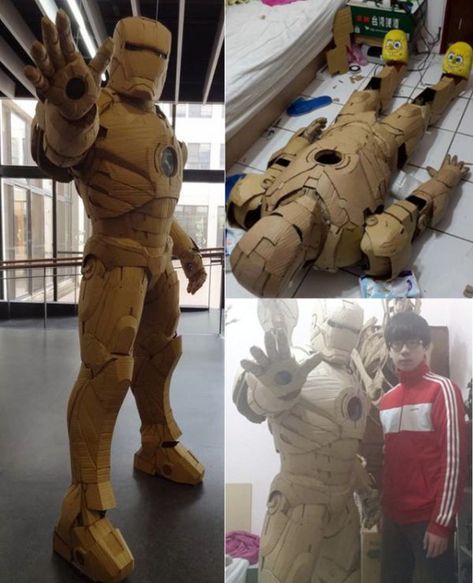 Full Cardboard Suit Of Iron Man Armor Cardboard Costume, Armadura Cosplay, Ironman Costume, Iron Man Suit, Cardboard Sculpture, Iron Man Armor, Man Suit, Old Boxes, Cardboard Art