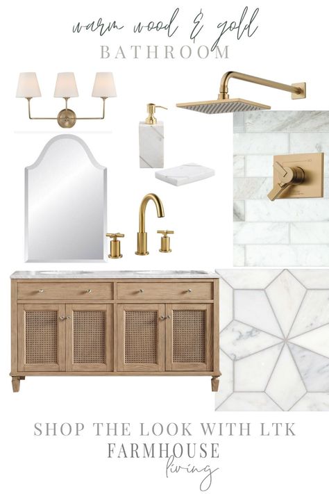 Warm Wood and Gold Bathroom - Marble - Wood Vanity - Gold Fixtures - Rainhead Shower Wood And Gold Bathroom, Bathroom Design Board, Light Wood Bathroom Vanity, Rainhead Shower, Gold Bathroom Fixtures, Board Mood, Wood And Gold, Natural Bathroom, Wood Bathroom Vanity