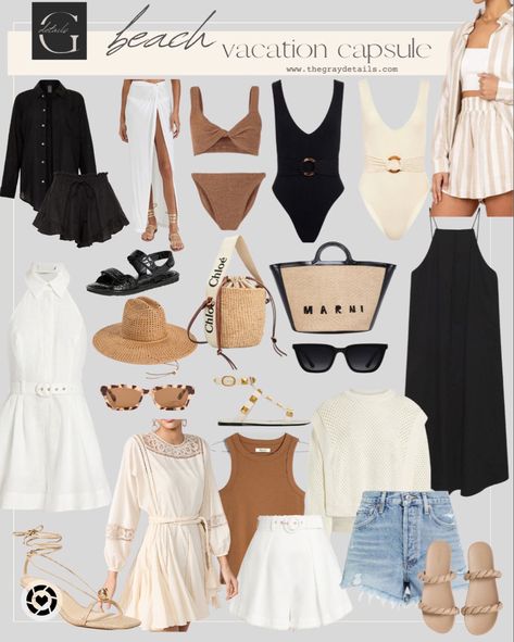 Neutral Holiday Outfits Summer, Neutral Cruise Outfits, Minimal Beach Vacation Outfits, Earth Tone Vacation Outfit, Beach Vacation Outfits Capsule, Neutral Summer Vacation Outfits, Summer Holiday Outfits Beach Vacation Style Capsule Wardrobe, Neutral Beach Vacation Outfits, Summer Outfits Resort