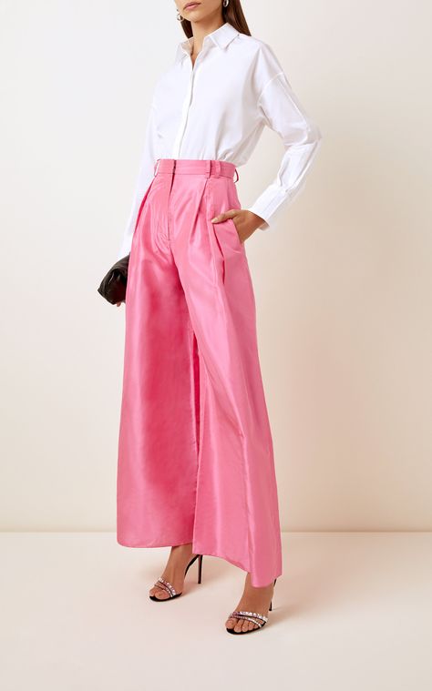 Carolina Herrera High-Waisted Silk-Taffeta Wide-Leg Pants Pink High Waisted Pants Outfits, Pink Silk Pants Outfit, Wide Leg Pink Pants Outfit, Cocktail Pants Outfit Classy, Silk Pants Outfit Classy, Pink Wide Leg Pants Outfit, Taffeta Pants, Pink Silk Pants, Silk Pants Outfit