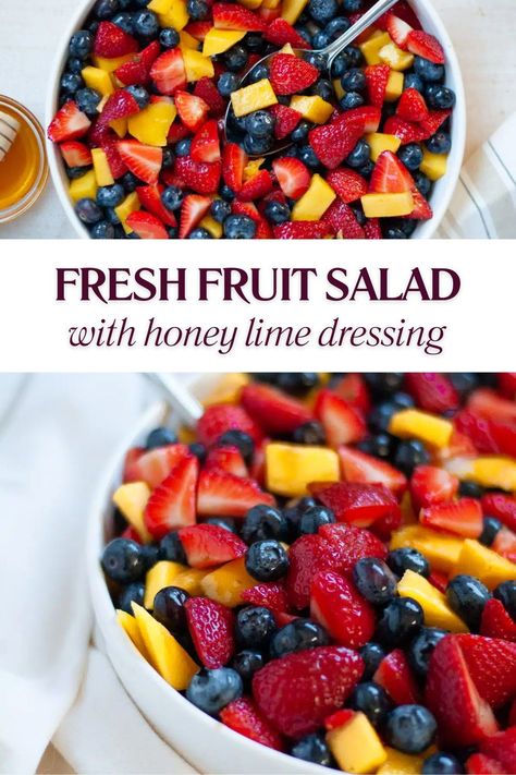 This delicious fresh fruit salad recipe with honey lime dressing is the perfect side dish for…pretty much anything! Made with ripe fruit and a quick and simple fruit salad dressing, this light and fresh side will keep you coming back for more. Fruit Salad With Lime Dressing, Peach Fruit Salad Recipes, Fruit Salad Peaches, Fruit And Veggie Salad Recipes, Fruit Salad With Honey Lime Dressing, Salads With Fruit And Nuts Healthy, Fresh Fruit Salad Recipe, Honey Lime Dressing Recipe, Honey Lime Fruit Salad