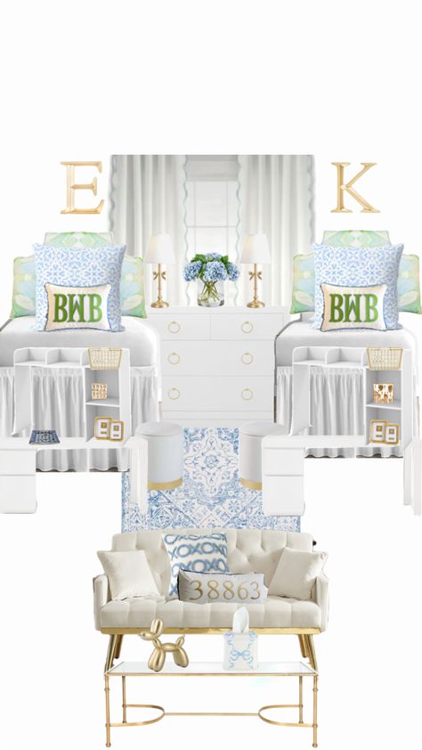 Sec Dorm Rooms, Adpi Room Decor, Laura Park Dorm Room, Unc Dorm Room, Blue Love Shack Fancy Bedroom, Blue And Green Dorm Room, Jmu Dorm Room, Uofsc Dorm, Coastal Carolina University Dorm