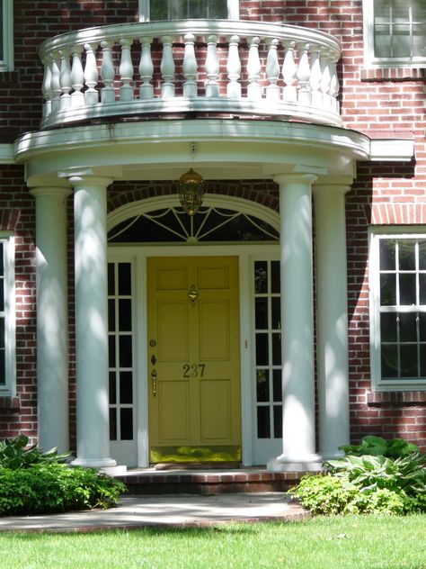 Portico Entry Colonial, Round Portico, Portico Entry, Country House Exterior, Portico Design, Brick Colonial, Yellow Front Doors, Brick Houses, Yellow Door