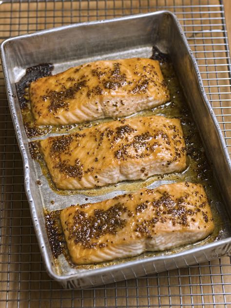 Slow-Baked Salmon with Honey Mustard Glaze Slow Baked Salmon, Chef Michael Smith, Honey Mustard Glaze, Honey Salmon, Salmon Dishes, Michael Smith, Baked Salmon, Fish Dishes, Seafood Dishes