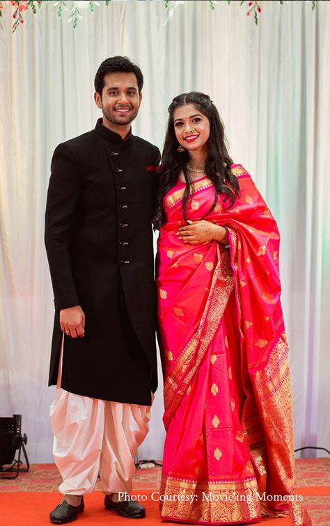 Maharashtrian Engagement Couple Dress, Marathi Engagement Look For Men, Marathi Reception Look, Marathi Wedding Shalu Saree, Engagement Saree Maharashtrian, Engagement Saree Engagement Saree Indian, Maharashtrian Wedding Couple Outfits, Reception Look Bride Indian Saree, Couple Poses In Traditional Wear