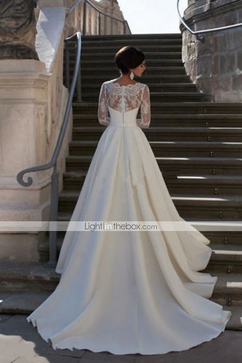 Simple Lace Wedding Dress, Wedding Dresses A Line, Satin Bridal Gowns, Lace Wedding Dress With Sleeves, Wedding Dress Fabrics, Princess Wedding Dress, Wedding Dresses Strapless, Formal Dresses For Weddings, Satin Wedding Dress