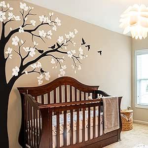 Large Corner Tree Wall Decal with Big Blossoms, Birds and Leaves Nursery Wall Art Sticker Mural 087 (Leaning Right, Black, White) Tree Stencils For Wall, Tree Drawing On Wall, Tree Wall Painting Bedrooms, Corner Wall Painting Ideas, Wall Scapes, Woodland Kitchen, Wall Art Tattoo, Family Tree Wall Sticker, Tree Wall Painting