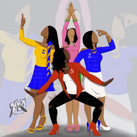 #D9Sororities #AlphaKappaAlpha 🐸 #DeltaSigmaTheta 🐘 #ZetaPhiBeta 🐱 #SigmaGammaRho 🐩 #AKA #1908 #DST #1913 #Zeta #1920 #SGRho #1922 #GreekArt #GreekSisters 💗💚❤🤍💙🤍💛💙#iArtByAsh Zeta Phi Beta And Delta Sigma Theta Love, Delta And Aka Friends, Sorority Pics, Zeta Phi Beta Founders, D9 Sorority, The Future Is Delta Zeta, Ash Art, Aka Apparel, Delta Zeta Strikes Again