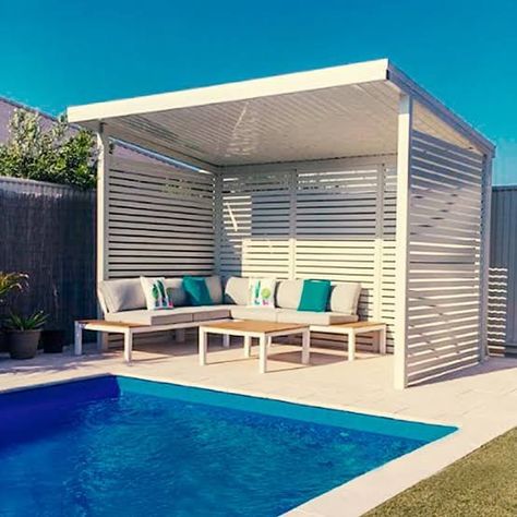 Cabana Ideas Backyard Poolside, Cabana Ideas Backyard, Cabana Poolside, Pool Cabana Ideas, Pool And Pool House Ideas, Slat Fencing, Pool Gazebo, Patio Decking, Pool Cabanas