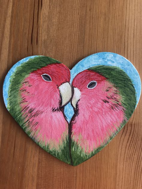 “Lovebirds” painting on heart shaped canvas board. $15. Heart Shape Mdf Board Painting, Painting On Heart Shaped Wood, Valentine Heart Canvas Painting Ideas, Small Heart Canvas Paintings, Mini Heart Canvas Painting, Acrylic Painting Hearts Canvases, Heart Shaped Painting Ideas, Wood Heart Painting Ideas, Painting On Heart Shaped Canvas