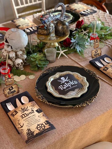 Pirate Theme Table Setting, Pirate Wedding Theme Decor, Pirate Party Theme Adults, Pirate Table Setting, Pirate Themed Wedding Decor, Pirate Themed Dinner Party, Pirate Dinner Party, Pirate Themed Dinner, Pirate Themed Food