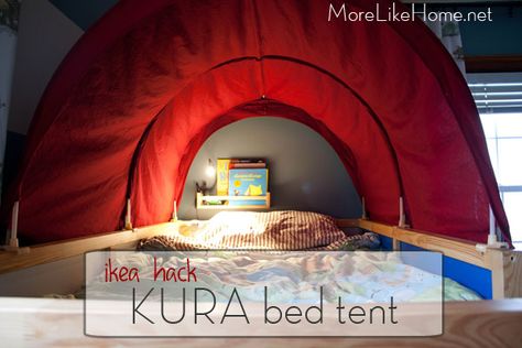 Can anyone sew this for me?? Ikea Hack - Kura Bed Tent Makeover Tutorial!  - MoreLikeHome.net Ikea Tent, Kura Bed Tent, Bunk Bed Tent, Bed Tents, Tent Hacks, Brothers Room, Bed Makeover, Ikea Kura Bed, Hack Ikea