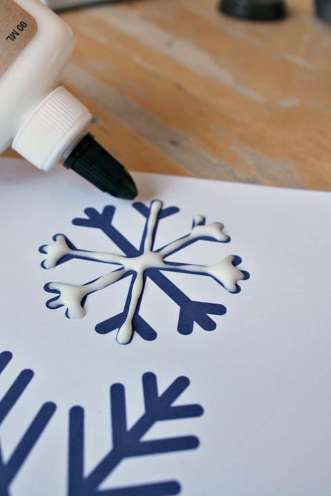 Craft Ideas For January, Snowflake Salt Painting, Qtip Snowflake Craft, Snow Flake Crafts For Kids, How To Paint Snowflakes, Salt Snowflakes, Snowflake Art Project, Glue Snowflakes, Marshmallow Snowflakes