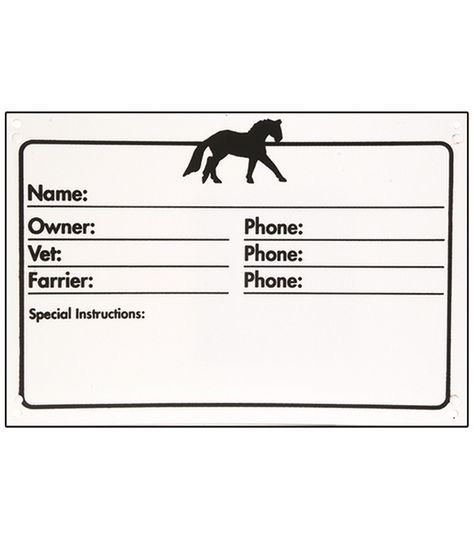 Stall ID Plaque displays important contact information in case of emergencies. These plaques can be written on with a marker and wipe off the new updates. A must have for any training or boarding stable. Plaque size is 11 1/4" x 7 3/4". Mounting screws are not included. Dream Barn Stables, Horse Farm Ideas, Stall Signs, Horse Care Tips, Horse Info, Barn Signs, Horse Therapy, Horse Boarding, Stables Design