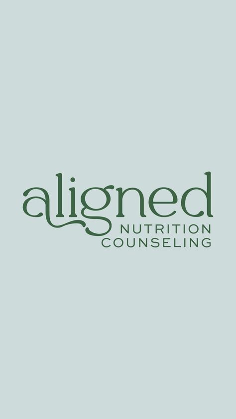 Graphic with a light blue background that features the primary logo of the Aligned Nutrition Counseling brand created by Chloe Creative Studio. The logo is in dark green and has the word "aligned" the largest in a simple serif font. Underneath, the phrase "nutrition counseling" is in all caps to the bottom right. Fitness And Nutrition Logo, Nutrition Coach Logo, Health Care Branding, Holistic Health Branding, Dietitian Logo Design, Dietician Logo, Health Color Palette, Nutrition Website Design, Dietitian Logo