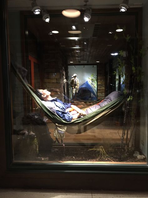 This is a display window at Bass Pro Shops Gurnee. The Theme is hiking and camping. You can see the inside window in the background featuring a tent. Camp Store, Summer Display, Inside Window, Tactical Store, Shoe Store Design, Hiking Store, Store Window Display, Store Window Displays, Fishing Shop