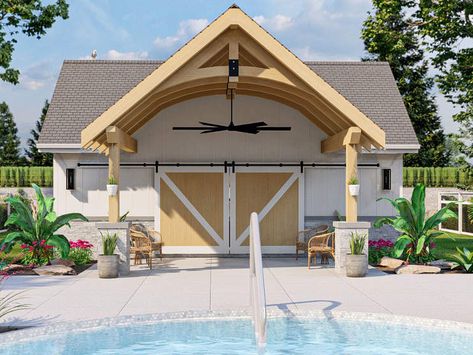 050P-0037: Pool House Plan with Full Bath and Gathering Space Barn Remodel, Advanced House Plans, Pool House Designs, Pool House Plans, Farmhouse Style House Plans, Gathering Space, Built In Cabinets, Farmhouse Style House, Barn Doors Sliding