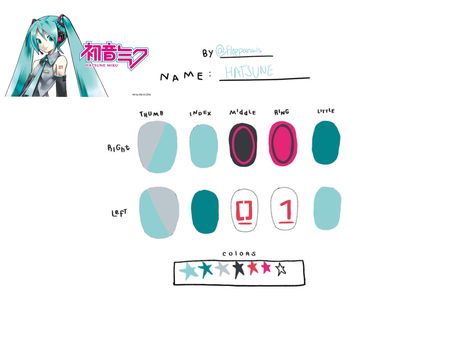 Miku Nail Art, Hatsune Miku Nails Ideas, Hatsune Miku Cosplay Makeup, Nail Patterns Simple, Hatsune Miku Nails, Hatsune Miku Makeup, Miku Nails, Hatsune Miku Tattoo, Band Nail Art