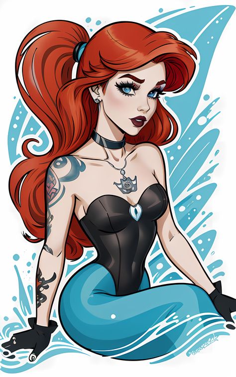 Gothic Disney Princesses, Dark Disney Tattoo, Dark Disney Princess, Dark Disney Art, Ariel Tattoo, Ariel Drawing, Disney Swag, Goth Disney, Alternative Disney Princesses