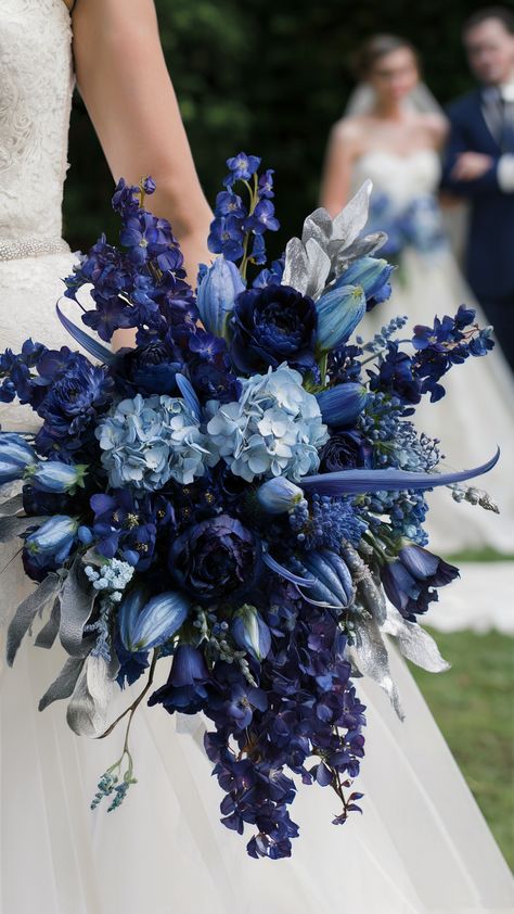 18 Jewel Tone Wedding Bouquets: Vibrant Floral Ideas Blue Boutineer Ideas, Dark Blue Roses Bouquet, Dark Blue Wedding Flowers, Blue Hydrangea Bouquet Wedding, Purple And Blue Wedding Flowers, Purple And Blue Bouquet, Boutineer Ideas, Blue Hydrangea Bouquet, Romantic Bridal Bouquet