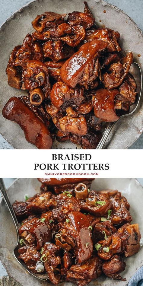 These braised pork trotters are fall-off-the-bone tender and have a rich savory taste. It’s an affordable way to create a scrumptious and filling main dish that is full of collagen and healthy fats. Chinese Pig Feet Recipe, Pork Feet Recipe, Chinese Braised Pork, Pork Trotters, Pig Feet Recipe, Pork Stew Recipes, Pig Trotters, Pork Belly Recipes, Chinese Cooking Recipes