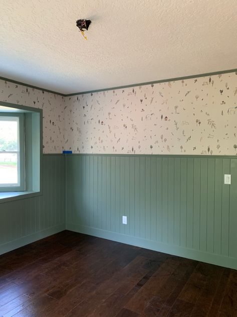 Tongue And Groove Panelling Nursery, Wood Panelling And Wallpaper, Green Wanescotting, Half Wallpaper Half Paint Nursery, Green Beadboard Nursery, Beadboard Half Wall Nursery, Olive Green Board And Batten Wall, Bead Board Half Wall, Paneling And Wallpaper