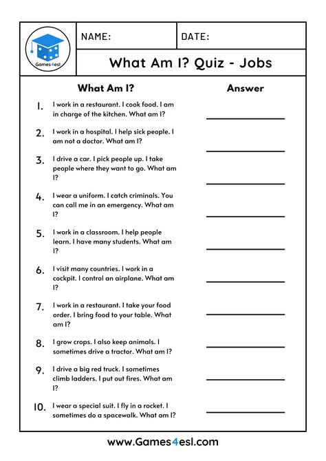 This easy English quiz is great for English lessons about jobs and occupations. This printable quiz has ten 'What Am I?' questions about jobs. Download and use in class today. Who Am I Game Questions, English Quiz With Answer, Who Am I Quiz Questions, What Am I Questions, Activities For English Class Ideas, What Worksheet, Quiz Questions For Kids, Jobs In English, Job Quiz