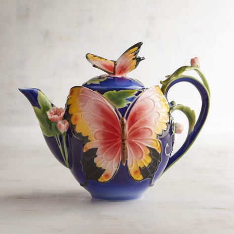 Pier 1 Imports Hand-Painted Porcelain Blue Butterfly Teapot  #honedecor #teapot butterfly #ad Butterfly Topper, Butterfly Teapot, Cute Teapot, Novelty Teapots, Teapots Unique, Green Vines, Teapots And Cups, Porcelain Blue, Porcelain Teapot