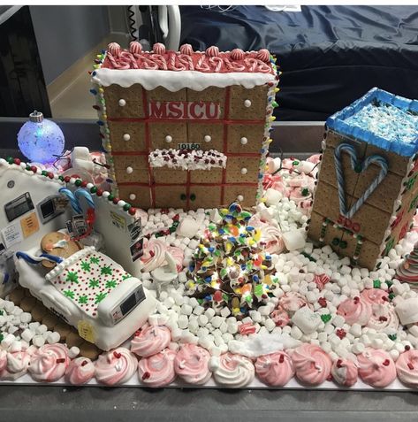 Gingerbread Hospital Ideas, Gingerbread House Hospital Theme, Medical Gingerbread House Ideas, Hospital Gingerbread House Ideas, Funny Gingerbread Houses, Hospital Gingerbread House, Gingerbread Hospital, Gingerbread Contest, Hospital Humor