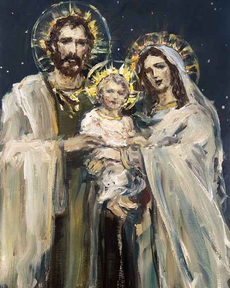 JL Castrillo + Elia Castrillo on Instagram: “I wish you a lot of love as a family for this Christmas ✨💙 Oil Painting on linen canvas, 21" x 14". 👆🏻 Touch the image to buy! 🏷️ Prints…” Catholic Drawings, Family Artwork, Jesus Christ Painting, The Holy Family, Jesus And Mary Pictures, Religious Painting, Jesus Painting, Colorful Abstract Painting, Biblical Art