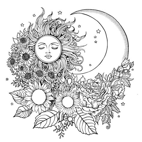 Celestial sun and moon coloring page | Premium Vector #Freepik #vector #sun-moon #sun-illustration #moon #sun Celestial Coloring Pages, Sun And Moon Coloring Pages, Sun And Moon Coloring, Celestial Drawing, Sun Pictures, Celestial Images, Creation Coloring Pages, Sun Coloring Pages, Celestial Sun And Moon