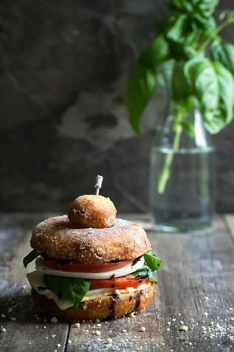 Basil Pesto Hummus, Donut Sandwich, Savory Donuts, Basil Hummus, Fried Basil, Pesto Hummus, Mozzarella Tomato, Donuts Recipes, Burger Sandwich