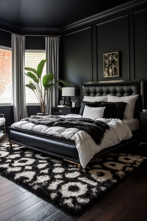 Black Walls Bedroom, Black And White Bedroom, Idea Bedroom, Lights Room, Black Bedroom Decor, Decorations Lights, Decorations Bedroom, Rooms Decor, Decoration Aesthetic