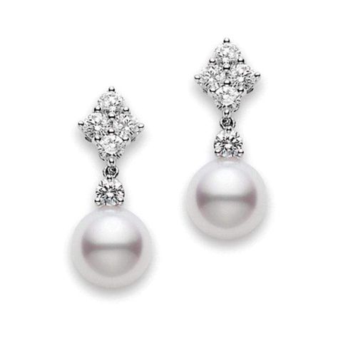 Mikimoto Pearl Earrings, Mikimoto Earrings, Pearl Diamond Dangle Earrings, Mikimoto Jewelry, Akoya Pearl Earrings, Diamond Cluster Earrings, Mikimoto Pearls, Pearl And Diamond Earrings, Diamond Dangle Earrings