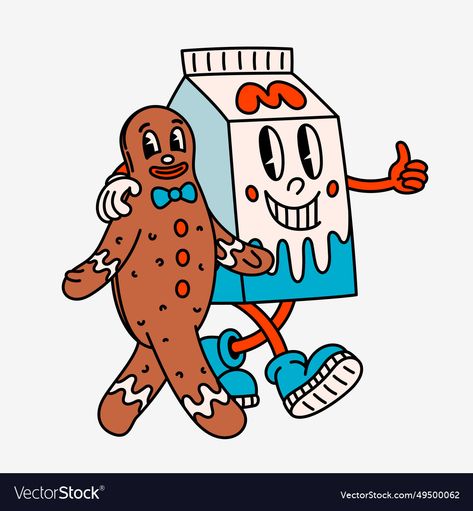 Cartoon Gingerbread Man, Cartoon Arms, Gingerbread Man Cartoon, Milk Cartoon, Milk Carton Art, Milk Illustration, Retro Cartoon Style, Milk Drawing, 70s Cartoons