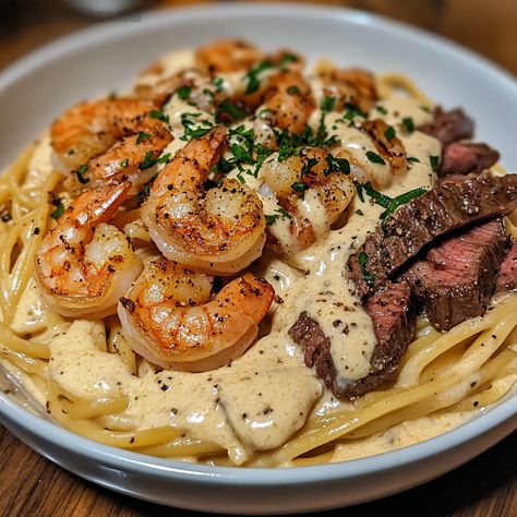 Cajun Shrimp and Steak Alfredo Pasta - Creamy and Spicy - Recipes By Clare Steak And Shrimp Cajun Pasta, Cajun Shrimp & Steak Alfredo Pasta, Steak And Shrimp Alfredo Pasta, Shrimp And Steak Recipes, Steak And Shrimp Pasta, Shrimp And Steak Alfredo Pasta, Steak And Shrimp Recipes, Steak Alfredo Pasta, Steak Alfredo