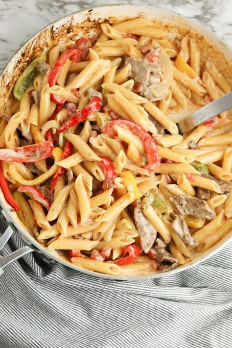 Steak Fajita Pasta, Fajita Pasta Recipe, Steak Peppers, Mexican Steak, Fajita Pasta, Strip Steak Recipe, Oven Roasted Sweet Potatoes, Chicken Fajita Pasta, Steak And Onions