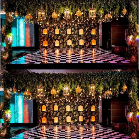 Golden Backdrop Ideas, Sangeet Indoor Decoration, Led Screen Stage Design For Sangeet, Sangeeth Decors Outdoor Night, Sangeet Stage Decor Indoor, Outdoor Wedding Lanterns, Sangeet Board, Sangeet Decoration Night Indoor, Mehendi Backdrop