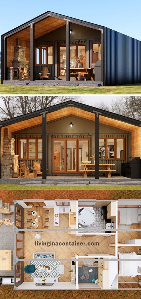 Container House Design One Floor, 2 Bed Shipping Container Floor Plan, Container Home 3 Bedroom, Container Home Layout Floor Plans, Interior Container Home, Container Small House Design, Container House Design 2 Bedroom, Three Container House, Container Home With Garage