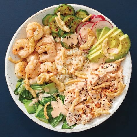 Recipe: Salmon & Shrimp Poke Bowl with Avocado & Spicy Mayo - Blue Apron Shrimp Poke Bowl, Poke Bowl Recipe, Cooked Shrimp, Hawaiian Dishes, Salmon And Shrimp, Raw Fish, Salmon Seasoning, Spicy Mayo, Crispy Onions