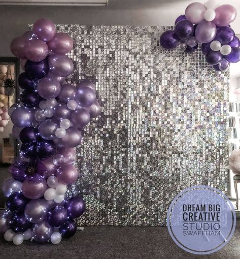 Shimmer wall set up with purple balloons Purple And Silver Decorations, Birthday Wall Decoration, Shimmer Wall Backdrop, Christmas Party Backdrop, Purple Wall Decor, Sequin Wall, Selfie Wall, Birthday Vibes, Balloon Background