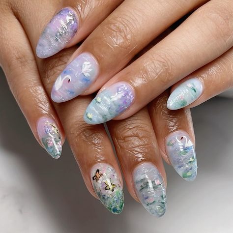 🦢 Monet lily garden 🪷 Intricate Janet’s Omakase on short Almond Gel-x ib @oaklestudio #naildesign #paintednails #nailart #gardennails #nailinspo #gelxnails #gelxinspo #monetnails #texturednails #naturenails #summernails #nails2inspire #nailstagram Monet Nailart, Claude Monet Nails, Omakase Nails, Monet Nails, Nail Store, Lily Garden, Short Almond, Birthday Nails, Lily Pads