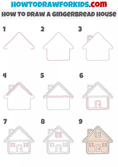 How To Draw A Gingerbread House, Gingerbread House Drawing Easy, Ginger Bread House Drawing, Building Doodles, House Drawing Tutorial, Draw A Gingerbread House, Gingerbread House Drawing, Gingerbread Man Drawing, House Drawing Ideas