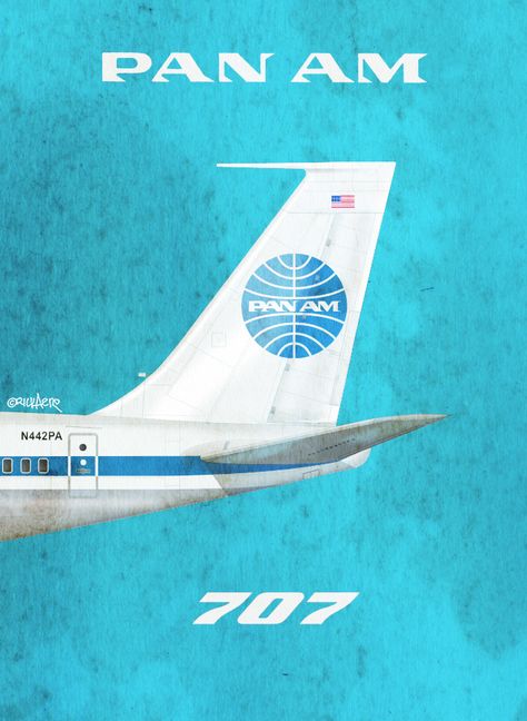 Pan Am 707, by Rick Aero www.Facebook.com/VintageAirliners  www.VintageAirliners.com Vintage Pan Am Posters, Vintage Airline Ads, Retro Aviation, Airplane Poster, Vintage Airline Posters, Boeing 707, Vintage Airline, Aviation Posters, Airline Logo