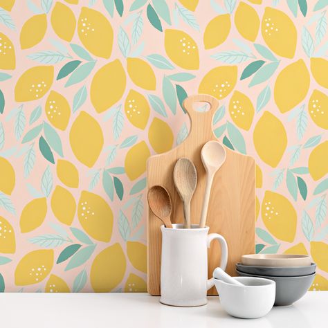 Lemon Wallpaper Kitchen, Citrus Mural, Lemon Mural, Orlando Airbnb, Wallpaper Decor Ideas, Citrus Wallpaper, Wallpaper Design Ideas, Lemon Wallpaper, Citrus Kitchen