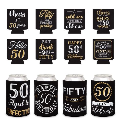 PRICES MAY VARY. Cheers and Beers to 50 Years: This set of 12 black can sleeves feature celebratory messages in gold and white font with sayings such as "Hello 50," "50 Ages to Perfection," and "Fifty and Fabulous" 50th Birthday Party Favors for Guests: Keep drinks cold for hours with our personalized can cooler sleeves, designed to insulate drinks and prevent temperature transfer from external and body heat Durable Material: Our 50th birthday can coolers are made from easy-to-clean 3MM diving m Cheers To 30 Years, Canned Beverages, Beer Coozie, Bday Decor, Birthday Decorations For Men, Happy Drink, 30th Birthday Decorations, 50th Birthday Decorations, Cheer Party