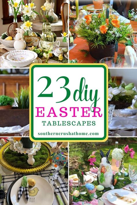 23 Beautiful DIY Easter Tablescape Decorating Ideas https://www.southerncrushathome.com/23-beautiful-diy-easter-tablescape-decorating-ideas/ Easter Tablescapes Ideas Dollar Stores, Easter 2024 Trends, Spring Tablescapes Ideas, Ostara 2024, Easter Tablescape Ideas, Easter Table Decor Ideas, Green Table Settings, Diy Tablescapes, Purple Tablecloth